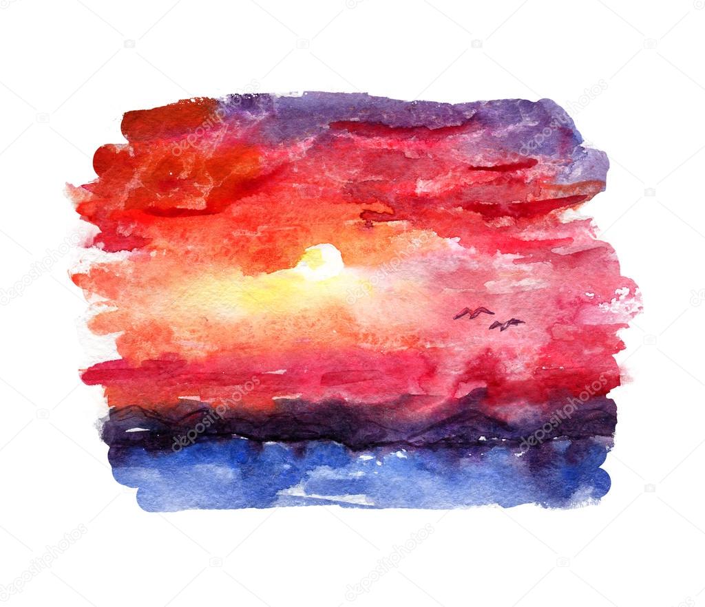 Watercolor landscape. Sunset on mountains.
