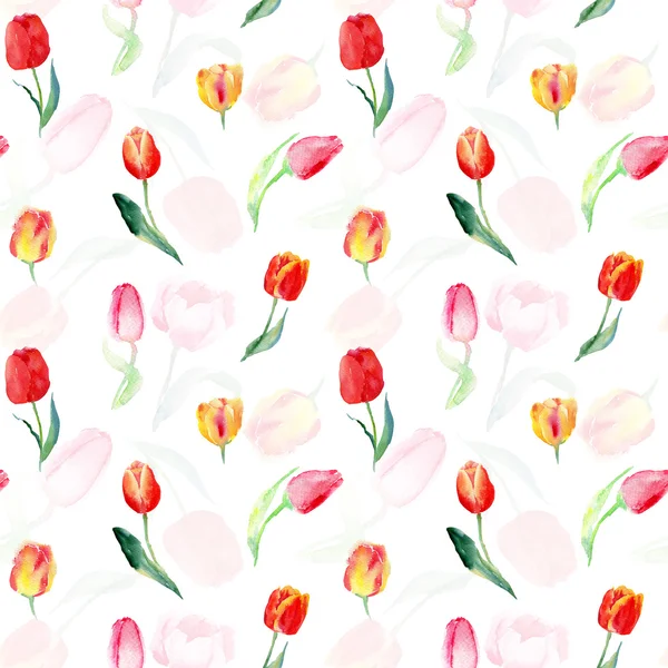 Nahtloses Muster aus rosa, roten und gelben Tulpen. — Stockfoto