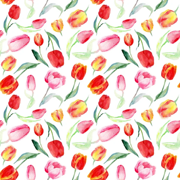 Padrão sem costura de aquarela rosa, vermelho e amarelo tulipas . — Fotografia de Stock