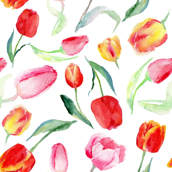 Modèle sans couture de tulipes aquarelle rose, rouge et jaune . — Photo