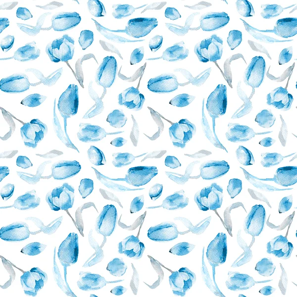 Seamless mönster akvarell blå tulpaner. Monokrom färg, — Stockfoto