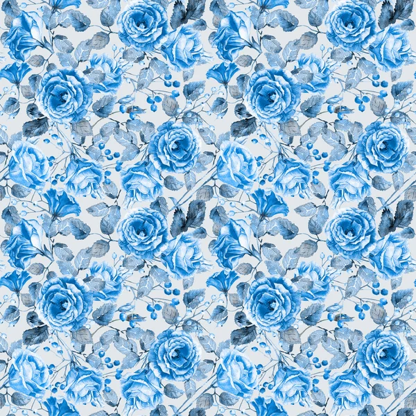 Nahtloses Muster von blauen Rosen in Aquarell. — Stockfoto