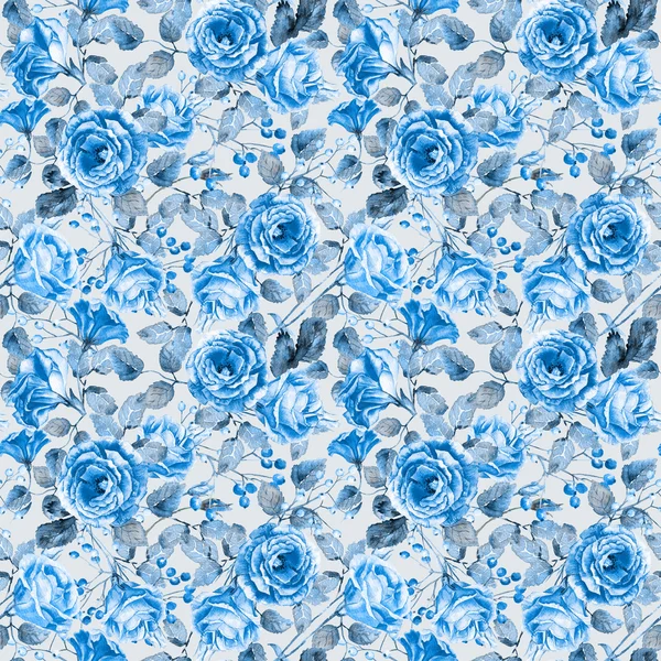 Seamless pattern of watercolor blue  roses.
