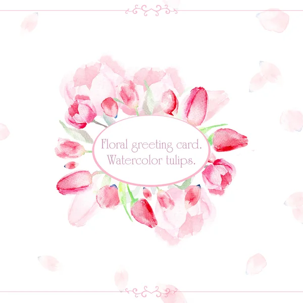 Greeting card with watercolor pink tulips. — Stock Photo, Image