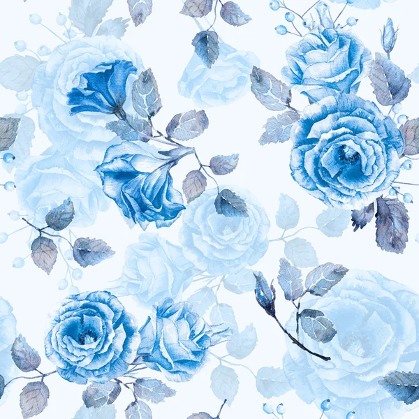 Nahtloses Muster von blauen Rosen in Aquarell. — Stockfoto