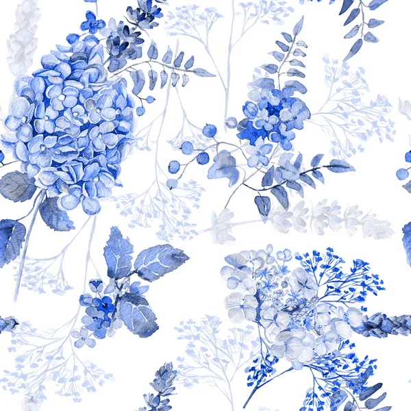 Seamless pattern. Watercolor blue hydrangea, lavender, currant. — Stock Photo, Image