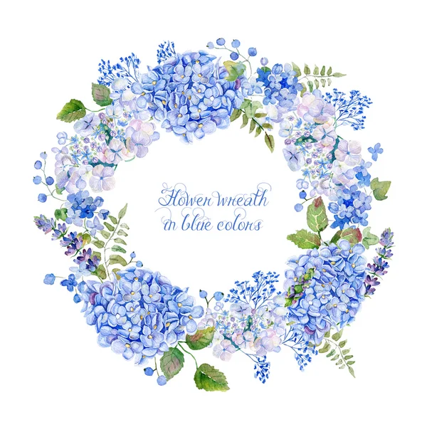 Mavi ortanca ve diğer çiçek yuvarlak çerçeve.