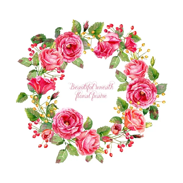 圆框水彩玫瑰和浆果的芳香. — 图库照片