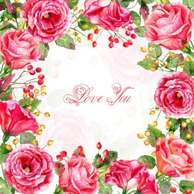 Çerçeve suluboya gül ve çilek.