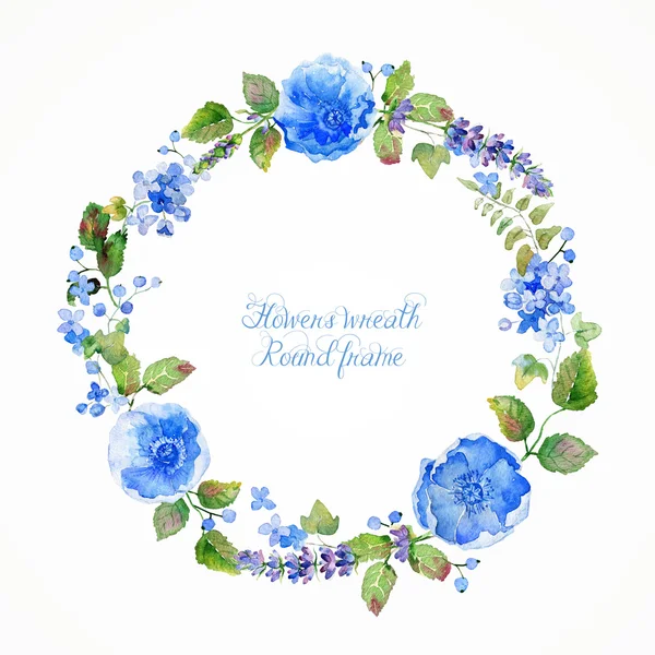 Round frame of watercolor blue flowers and berries. — Stock Photo, Image