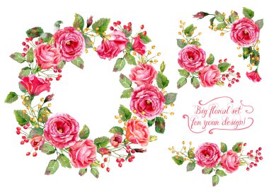Fo kümesi farklı kırmızı, pembe çiçekler, çerçeve, dekoratif köşeler