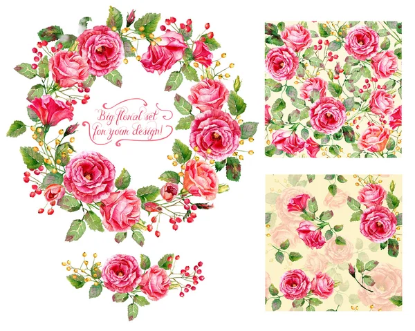 Set di diversi fiori rossi, rosa, cornice, elemento decorativo e — Foto Stock