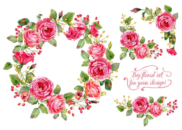 Fo kümesi farklı kırmızı, pembe çiçekler, çerçeve, dekoratif köşeler