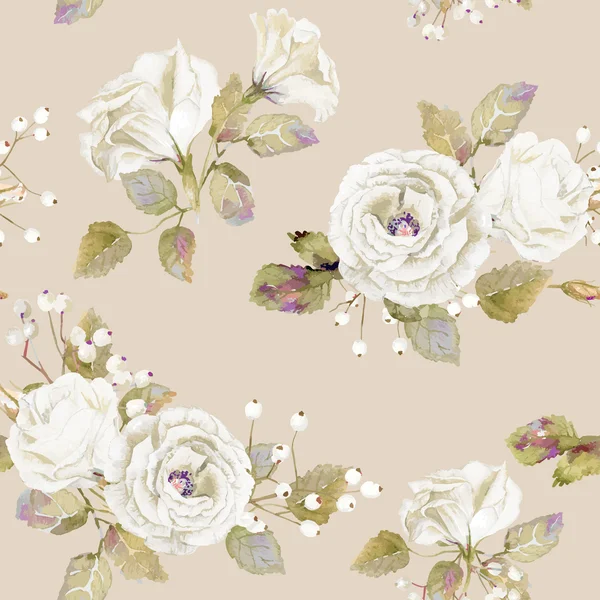 Seamless pattern of vector watercolor white  roses. — Stock Vector