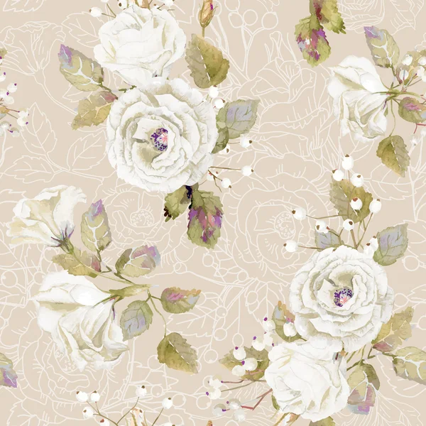 Seamless pattern of vector watercolor white  roses. — Stock Vector