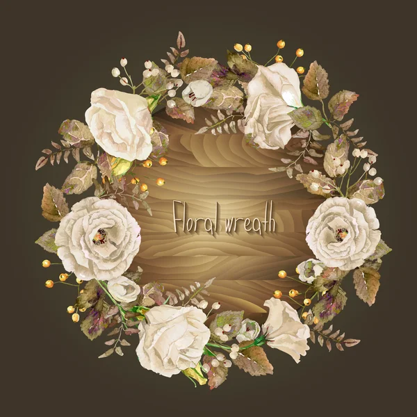 Cadre rond vectoriel de roses aquarelles blanches et de baies sur fond en bois — Image vectorielle