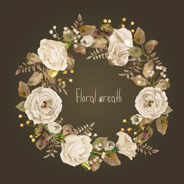 Vektör yuvarlak çerçeve beyaz suluboya gül ve çilek. 