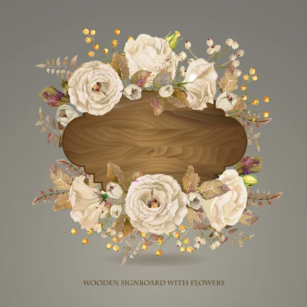 Vektör çerçeve beyaz suluboya gül ve ahşap arka plan üzerinde çilek