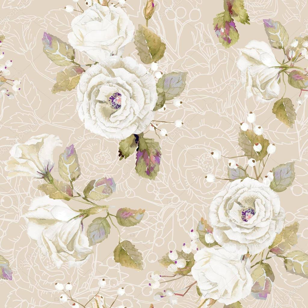 Seamless pattern of vector watercolor white  roses.