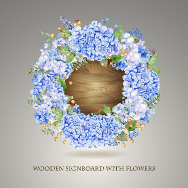 Vector round frame of blue watercolor hydrangea and berries on wooden background clipart
