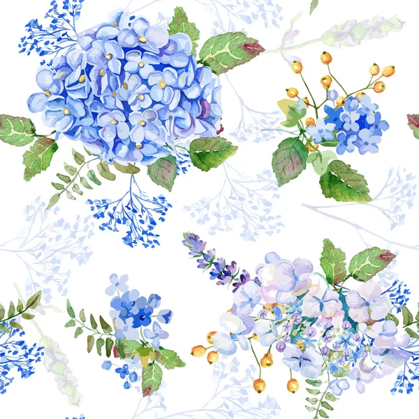 Nahtloses Muster. Vektor Aquarell Blaue Hortensie, Lavendel. — Stockvektor