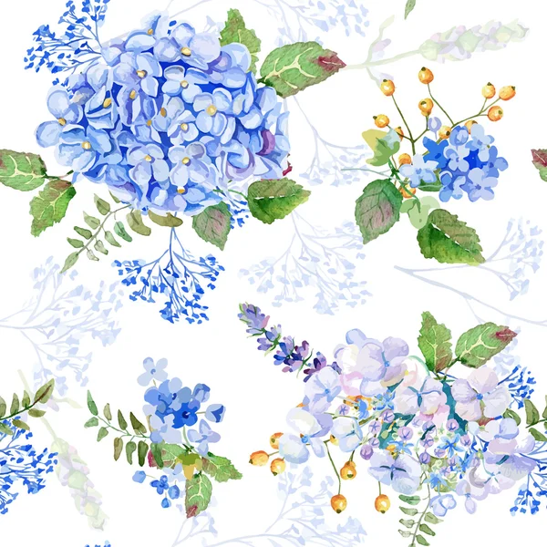 Seamless pattern. Vector watercolor blue hydrangea, lavender. — Stock Vector