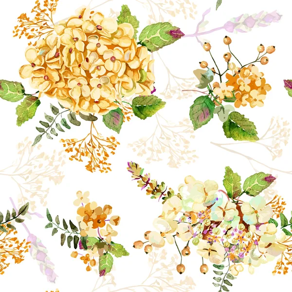 Seamless mönster. Vector akvarell gula hydrangea, lavendel. — Stock vektor