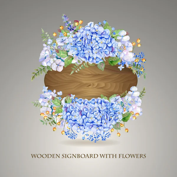 Vektör çerçeve mavi suluboya ortanca ve ahşap arka plan üzerinde çilek