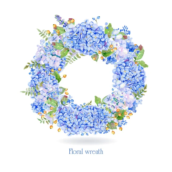 ベクトル ラウンド ブルー水彩画紫陽花とベリーのフレーム. — ストックベクタ