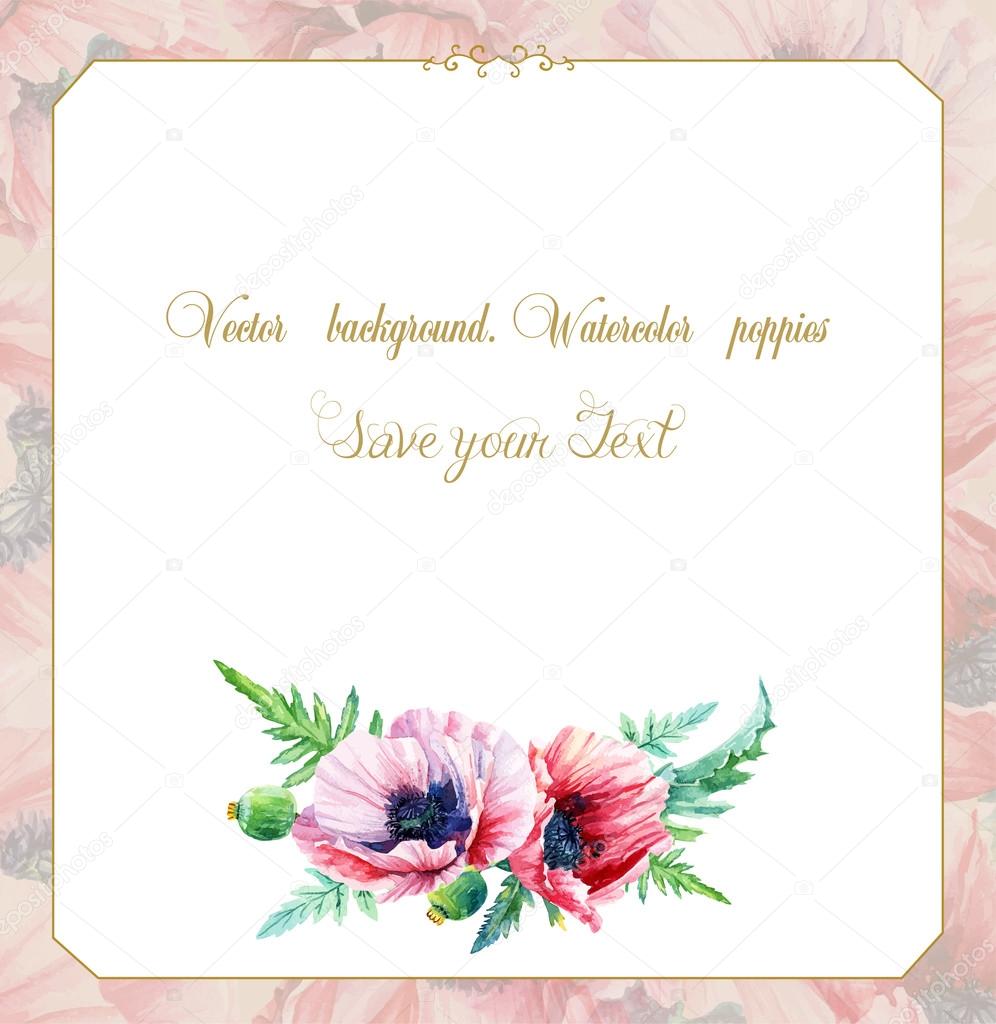 Greeting card with watercolor pink poppies. 