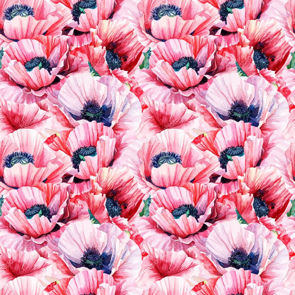 Seamless pattern of vector watercolor pink poppies. 