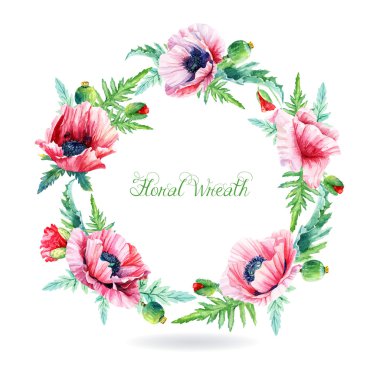 Sulu boya pembe haşhaş yuvarlak çerçeve.