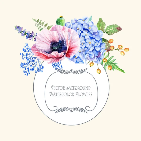 Yazılı çerçeve suluboya haşhaş ve ortanca.