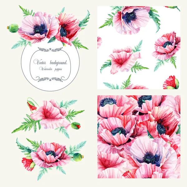 Conjunto de amapolas rosadas, marco, elemento decorativo y dos inconsútiles — Vector de stock