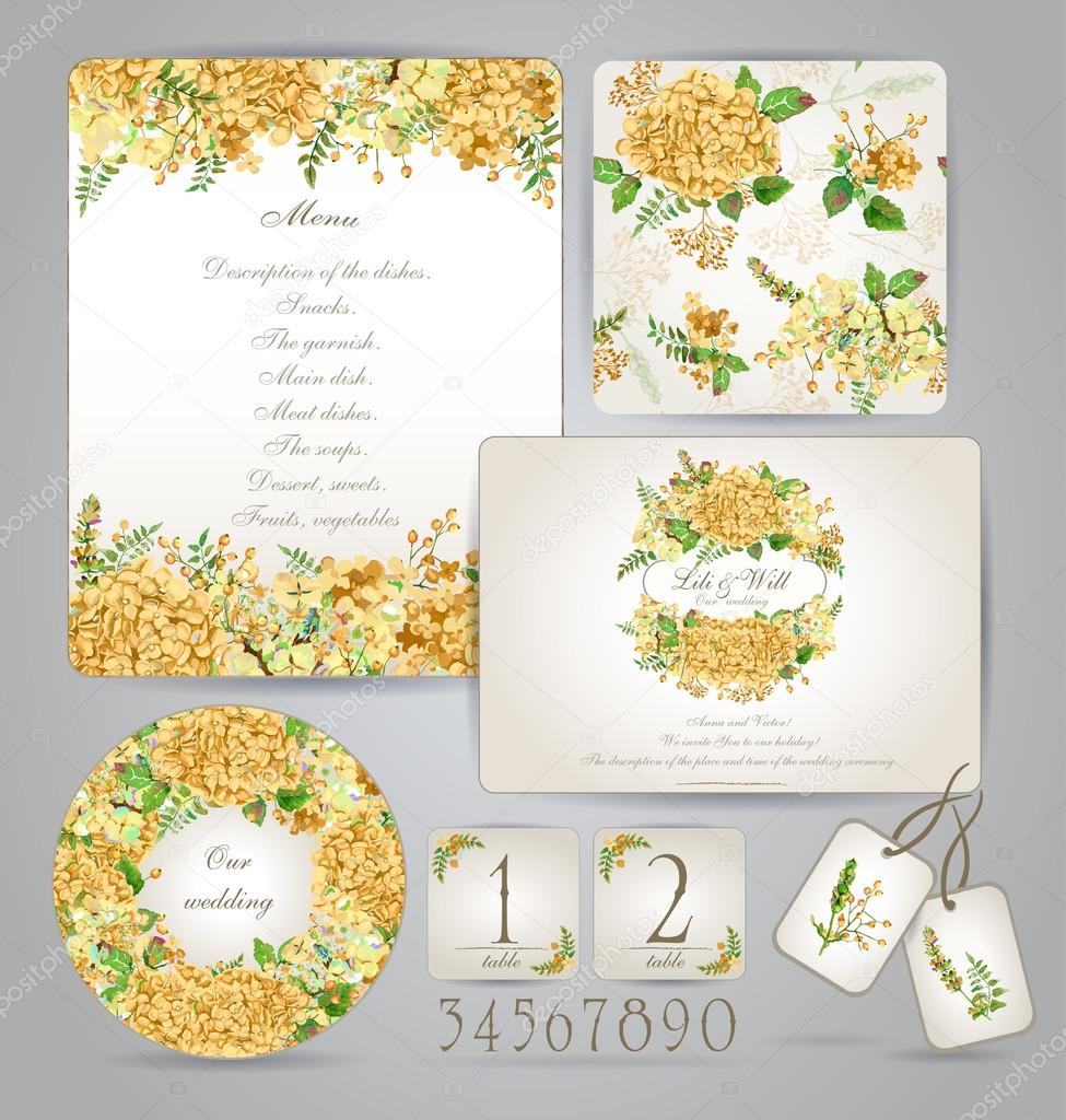 Set of templates for celebration, wedding. Yellow flowers.