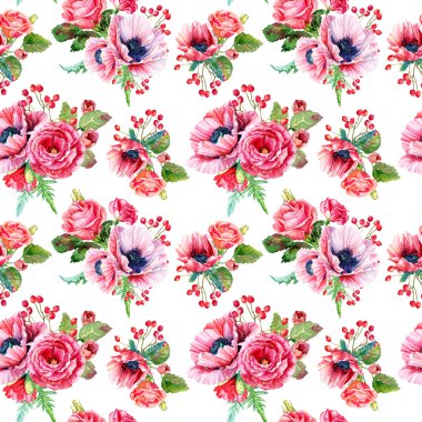 Suluboya haşhaş ve gül seamless modeli.