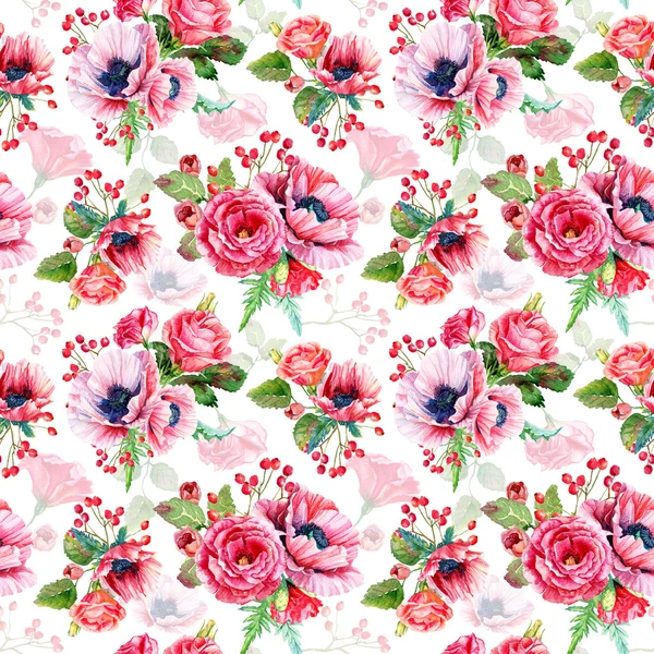 Varrat nélküli mintát az akvarell Pipacsok és a rózsák. — Stock Fotó