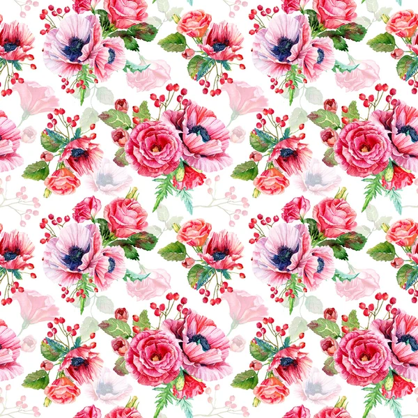 Seamless pattern of watercolor poppies and roses. — Stock Photo, Image