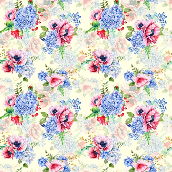 Seamless modeli. Suluboya ortanca, haşhaş, frenk üzümü.