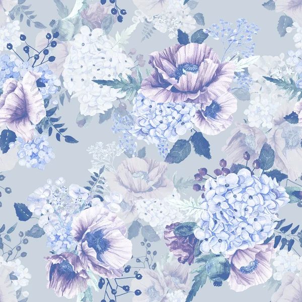 Seamless pattern. Watercolor hydrangea, poppies, currant. — Stock Photo, Image