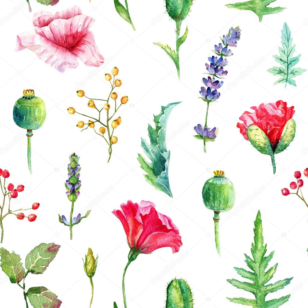 Seamless pattern of watercolor poppies and roses.