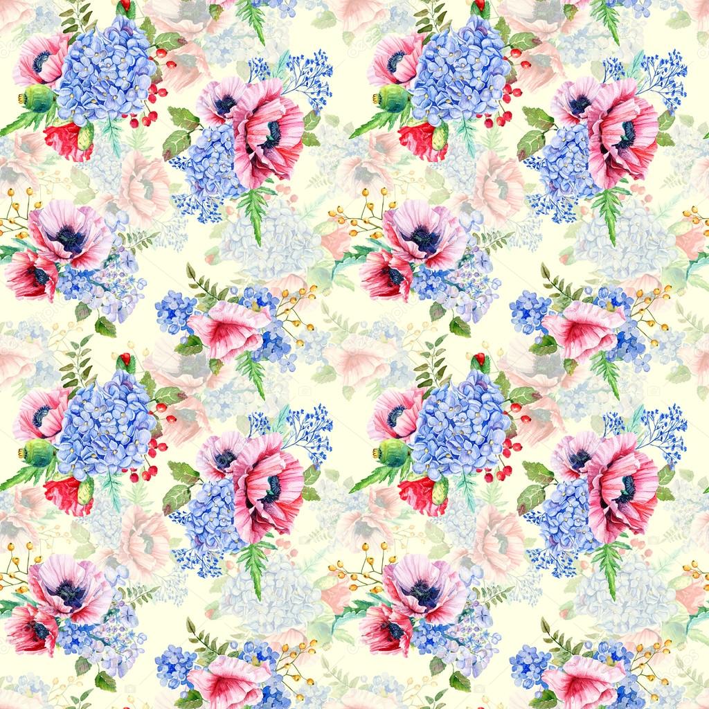 Seamless pattern. Watercolor hydrangea, poppies, currant.