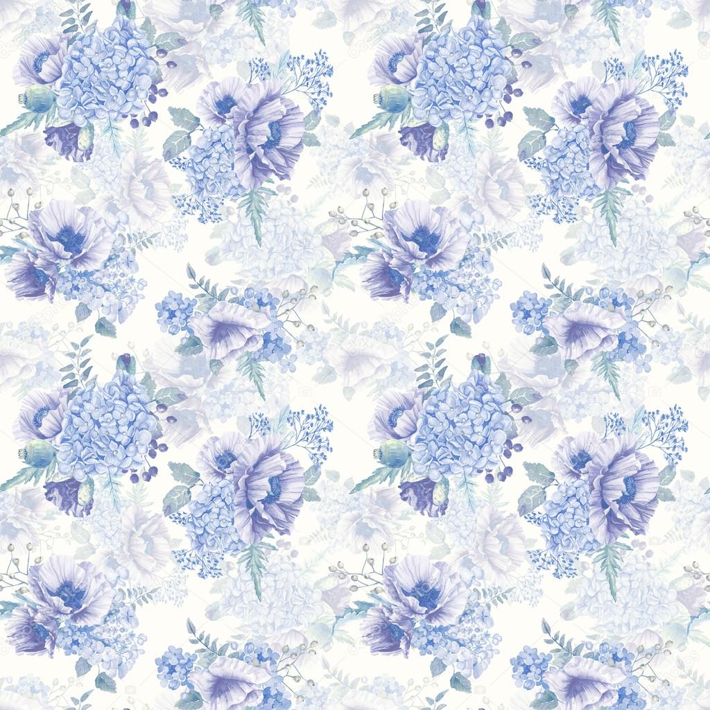 Seamless pattern. Watercolor hydrangea, poppies, currant.