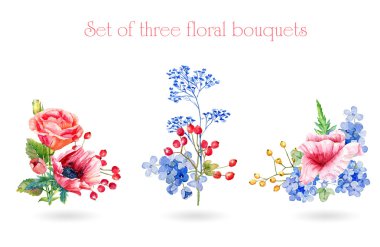 Set tasarımı için suluboya çiçek buketleri.