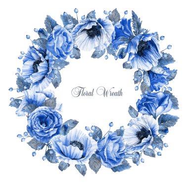 Suluboya gül, haşhaş ve meyveleri yuvarlak çerçeve. 