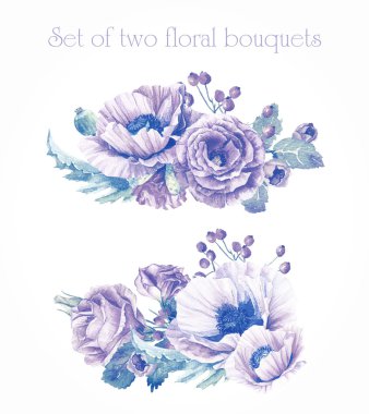 Set tasarımı için suluboya çiçek buketleri.