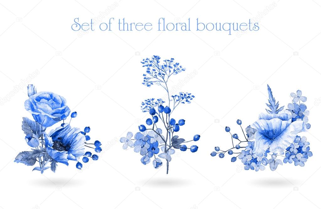 Set of watercolor floral bouquets for design.