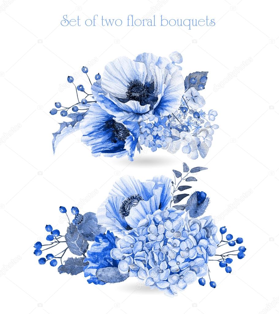 Two Watercolor Blue Flowers Stock Illustration - Download Image