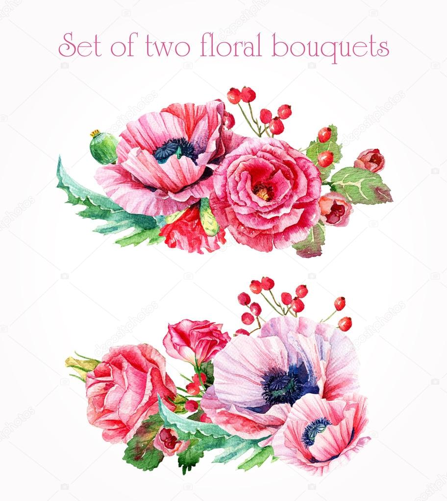 Set of watercolor floral bouquets for design.