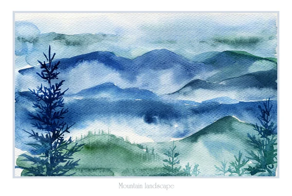 Dağlar ve köknar ağaçları suluboya manzara.